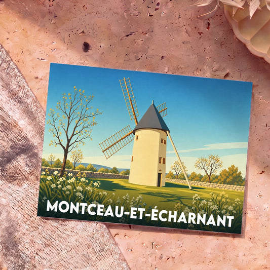 Carte postale souvenir de la ville de Montceau-et-Écharnant illustrée par un moulin à vent dans un style vintage.