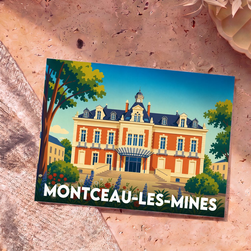 Carte postale souvenir de la ville de Montceau-les-Mines avec une illustration stylisée de l'Hôtel de Ville.