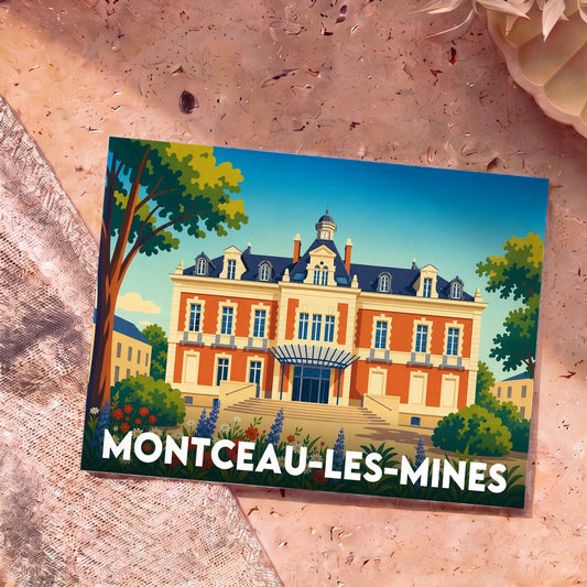 Carte postale souvenir de la ville de Montceau-les-Mines avec une illustration stylisée de l'Hôtel de Ville.