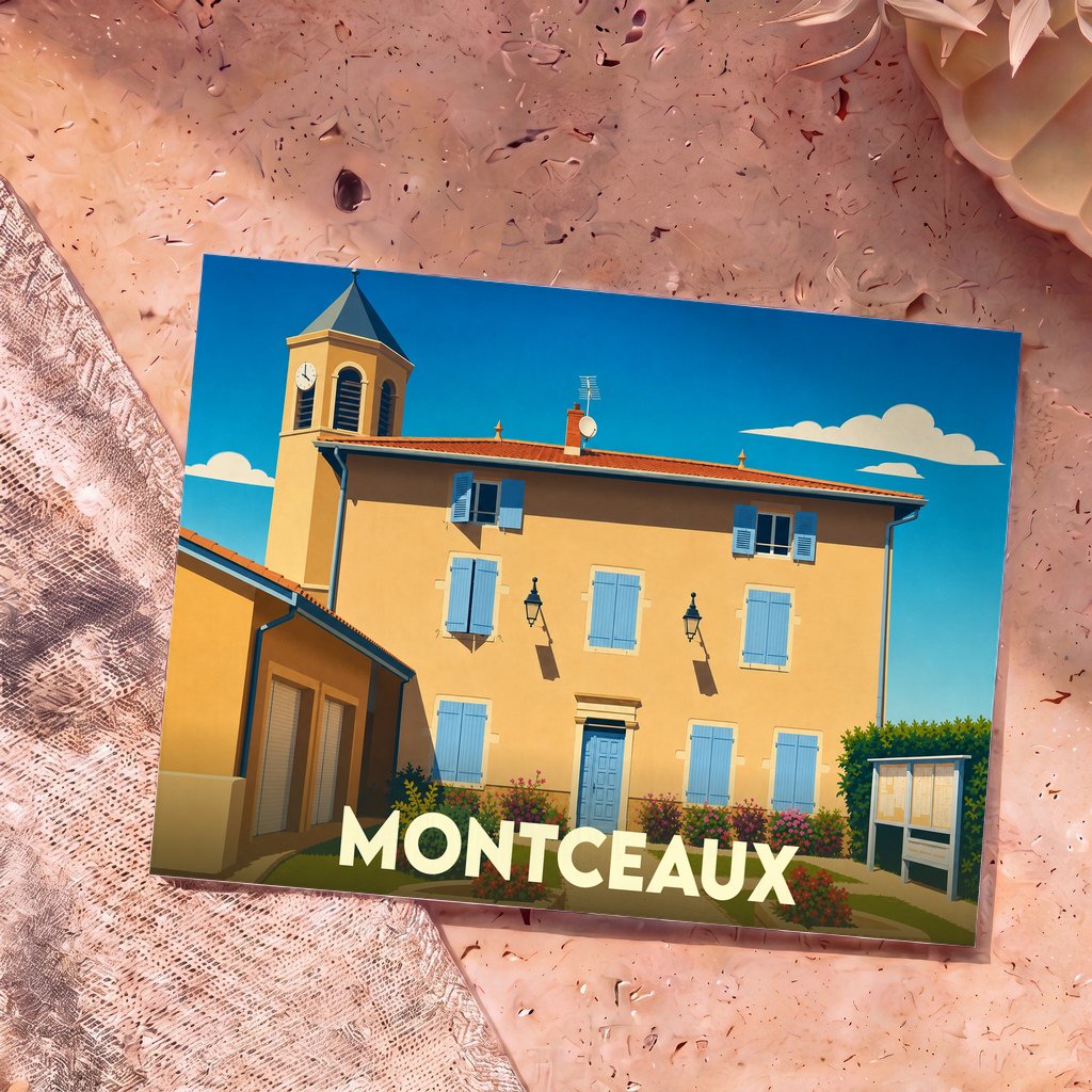 Carte postale souvenir de la ville de Montceaux avec une illustration stylisée d'un bâtiment provençal sous un ciel bleu.