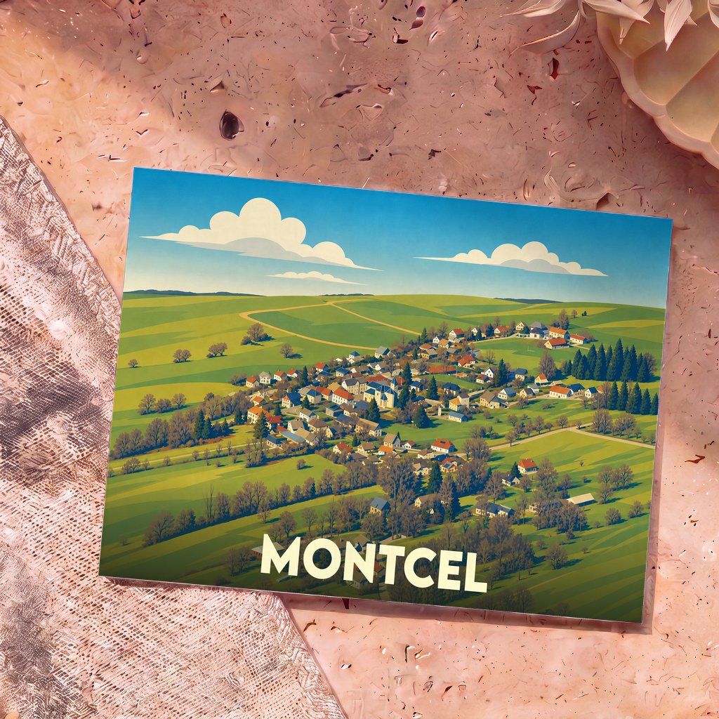Carte postale souvenir de la ville de Montcel avec une illustration stylisée de son paysage vallonné.