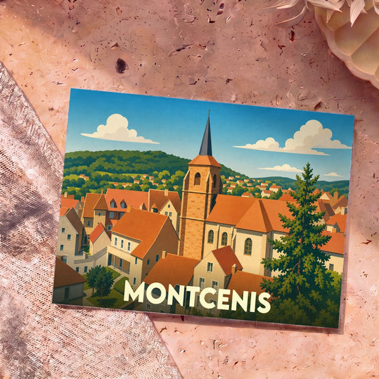Carte postale souvenir de la ville de Montcenis avec une illustration stylisée d'un village et son église.