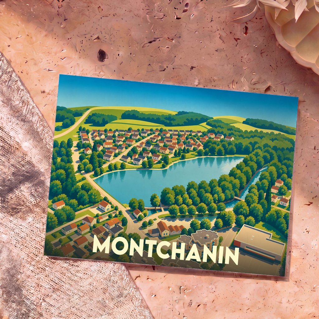 Carte postale souvenir de la ville de Montchanin avec une illustration stylisée vue du ciel.