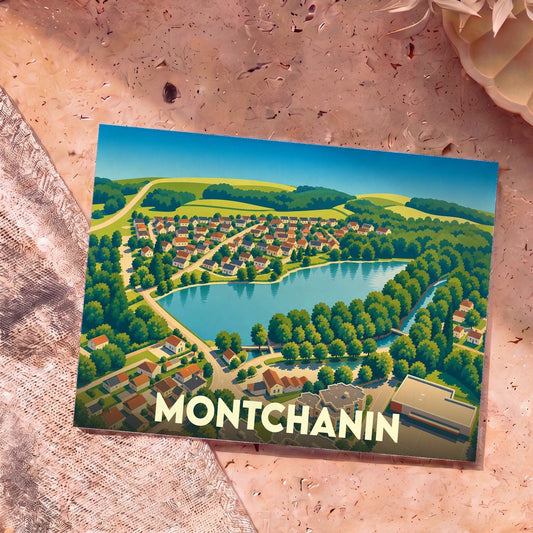 Carte postale souvenir de la ville de Montchanin avec une illustration stylisée vue du ciel.
