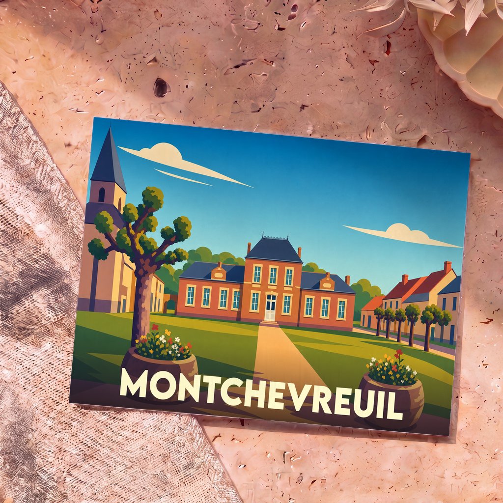 Carte postale souvenir de la ville de Montchevreuil avec une illustration stylisée de son patrimoine.