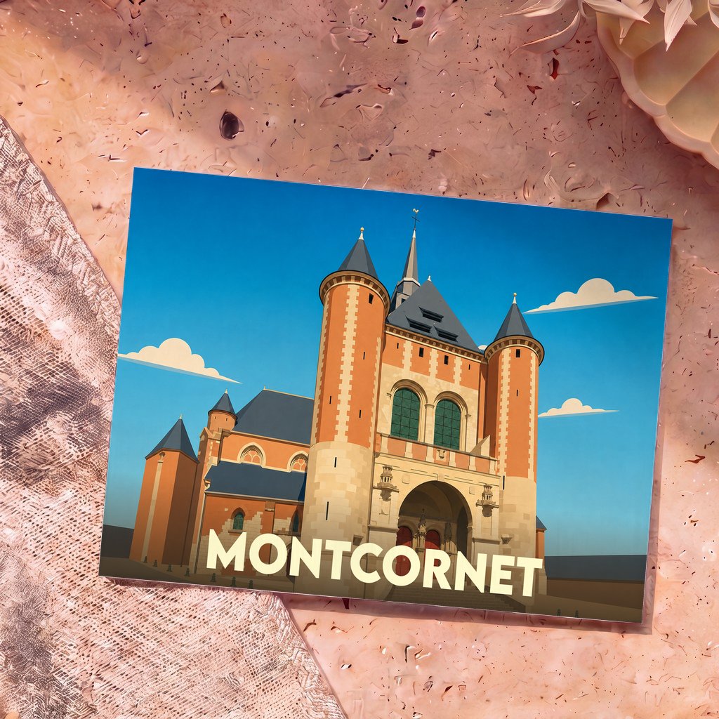 Carte postale souvenir de la ville de Montcornet avec une illustration stylisée de son église fortifiée.
