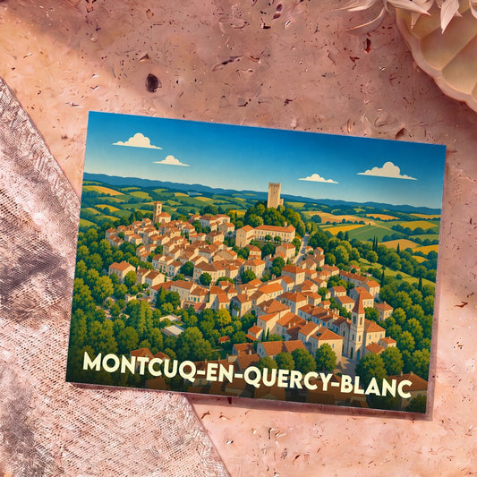 Carte postale souvenir de la ville de Montcuq-en-Quercy-Blanc avec une illustration stylisée d'un village perché.