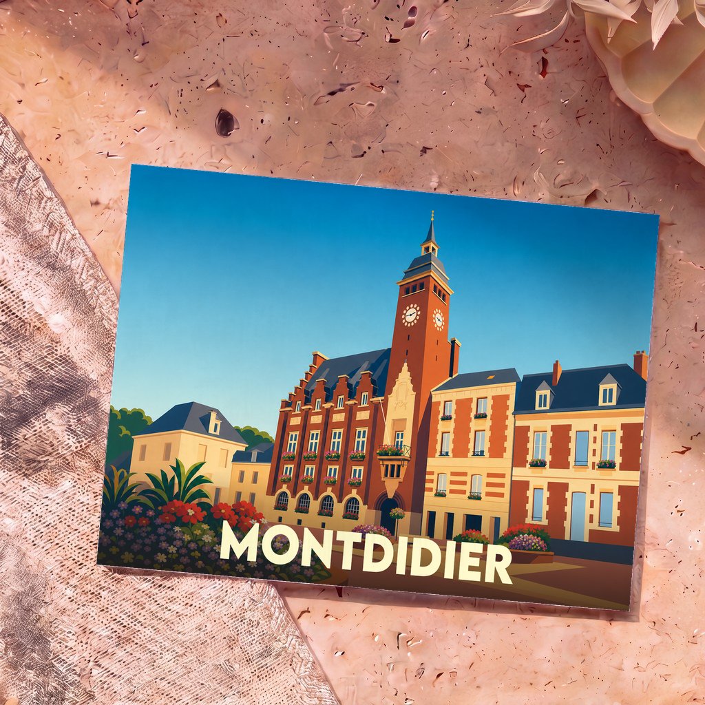 Carte postale souvenir de la ville de Montdidier avec une illustration stylisée de son hôtel de ville.