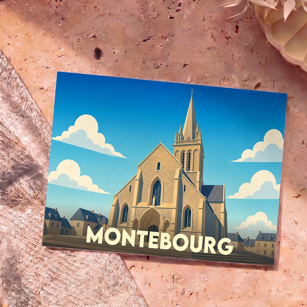 Carte postale souvenir de la ville de Montebourg avec une illustration stylisée de son église sous un ciel bleu.