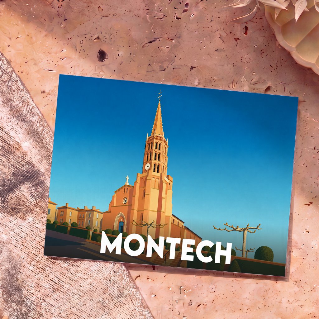 Carte postale souvenir de la ville de Montech avec une illustration stylisée de son église et de son clocher.