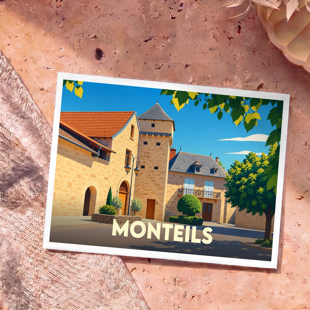 Carte postale souvenir de la ville de Monteils avec une illustration stylisée de ses bâtiments en pierre.