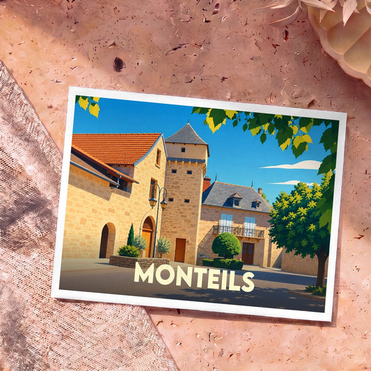 Carte postale souvenir de la ville de Monteils avec une illustration stylisée de ses bâtiments en pierre.