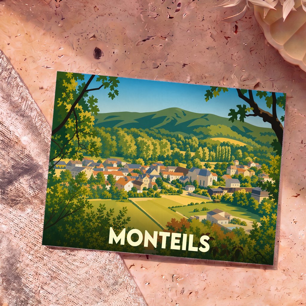 Carte postale souvenir de la ville de Monteils avec une illustration stylisée de son paysage vallonné.
