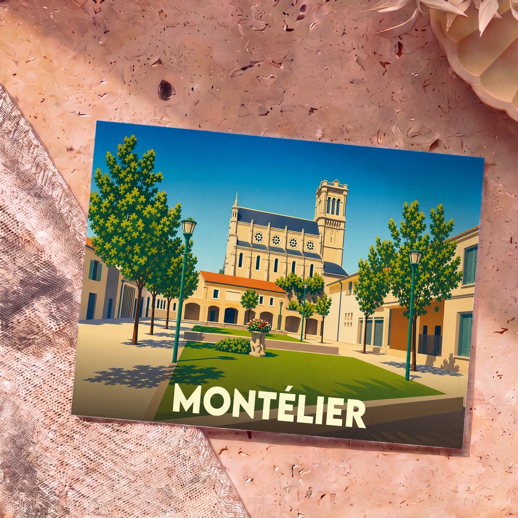 Carte postale souvenir de la ville de Montélier avec une illustration stylisée de sa place centrale et de son église.
