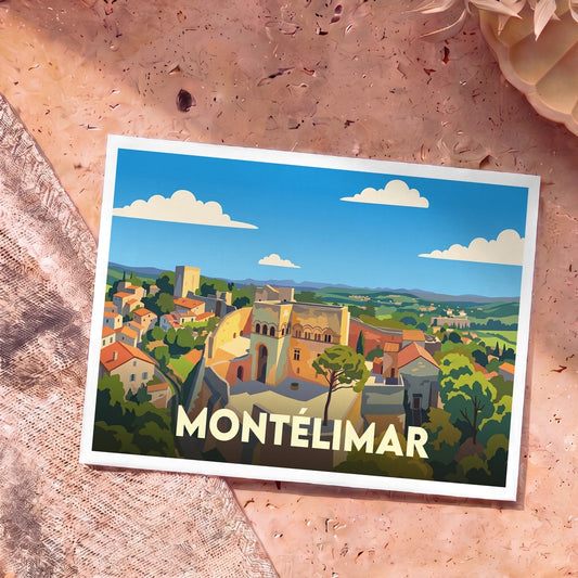 Carte postale souvenir de la ville de Montélimar illustrant le château des Adhémar dans un style graphique épuré.