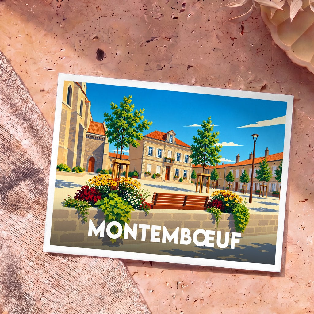 Carte postale souvenir de la ville de Montembœuf avec une illustration stylisée et colorée de sa place principale.