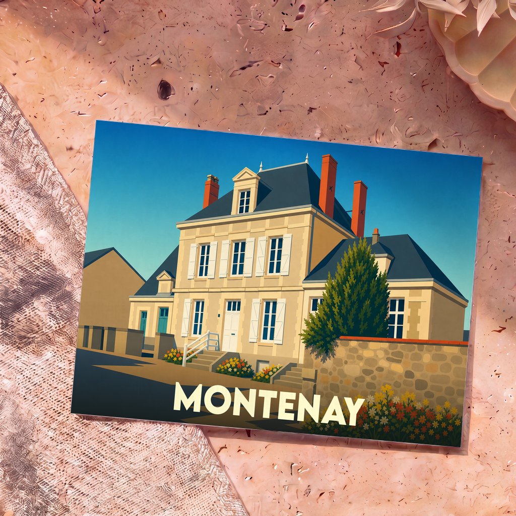 Carte postale souvenir de la ville de Montenay avec une illustration stylisée d'une maison traditionnelle.