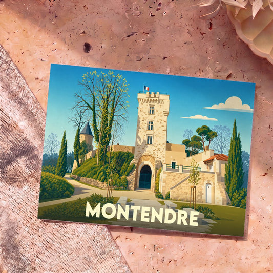 Carte postale souvenir de la ville de Montendre illustrant son château dans un style graphique épuré.