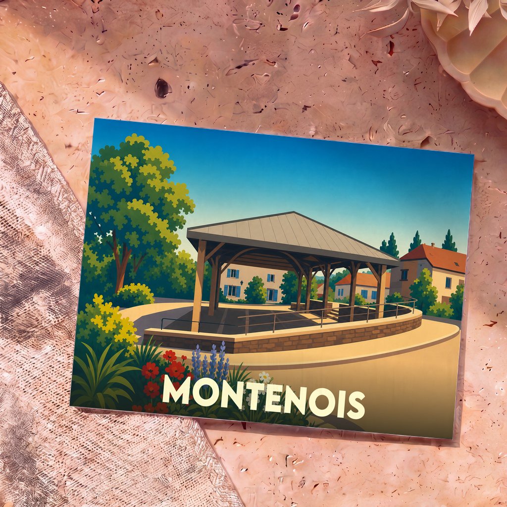 Carte postale souvenir de la ville de Montenois avec une illustration stylisée de ses halles.