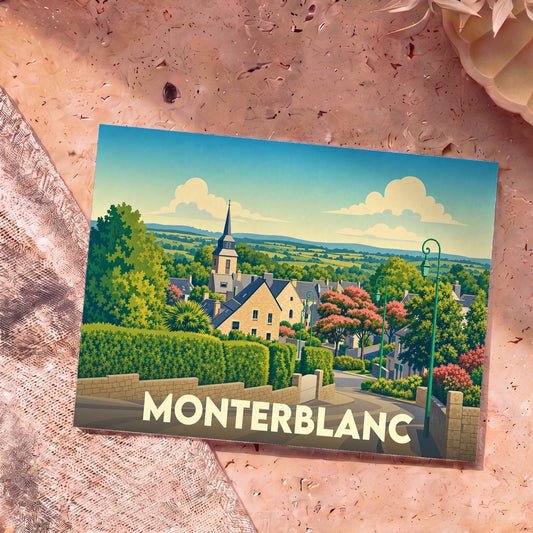 Carte postale souvenir de la ville de Monterblanc avec une illustration stylisée de son église et de ses paysages verdoyants.