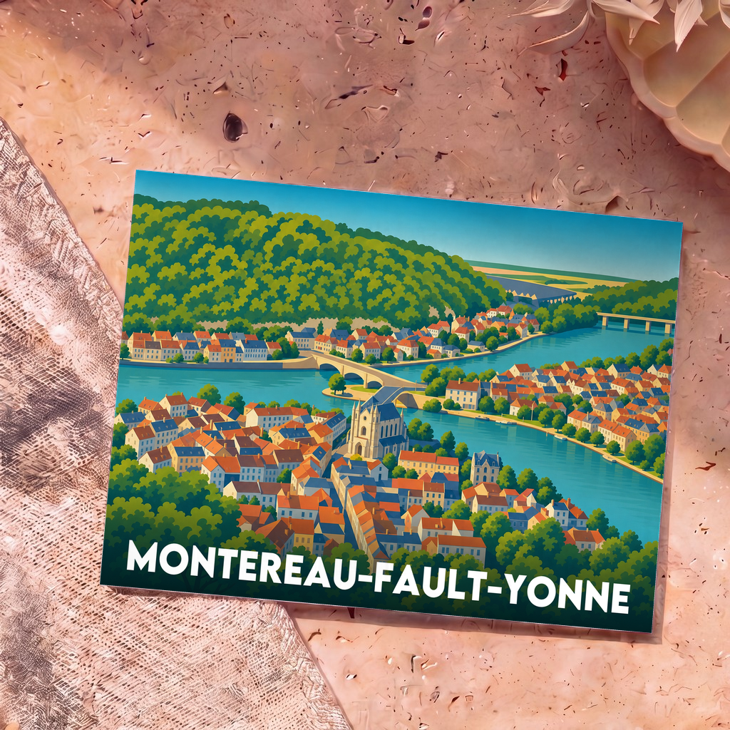 Carte postale souvenir de la ville de Montereau-Fault-Yonne avec une illustration stylisée en vue aérienne.