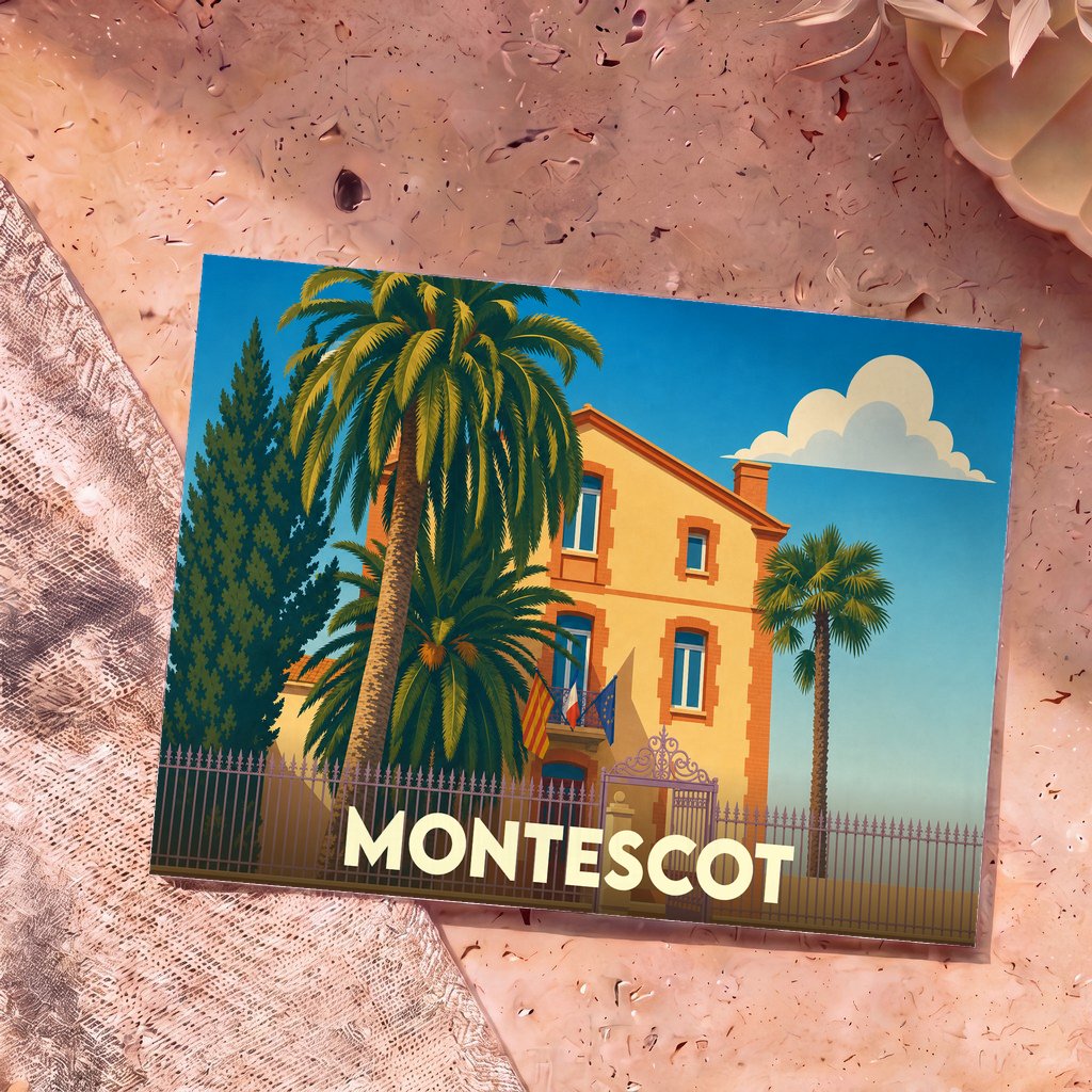 Carte postale souvenir de la ville de Montescot avec une illustration stylisée de sa mairie et de palmiers.