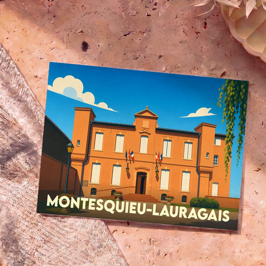 Carte postale souvenir de la ville de Montesquieu-Lauragais avec une illustration stylisée de la mairie.