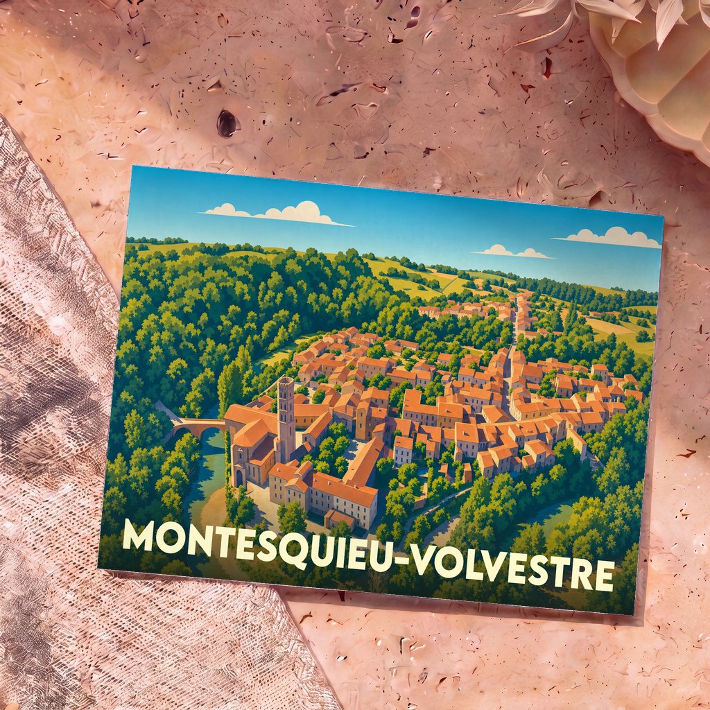 Carte postale souvenir de la ville de Montesquieu-Volvestre avec une illustration stylisée vue du ciel.