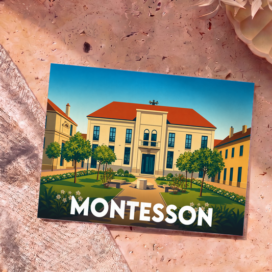 Carte postale souvenir de la ville de Montesson avec une illustration stylisée de l'hôtel de ville.