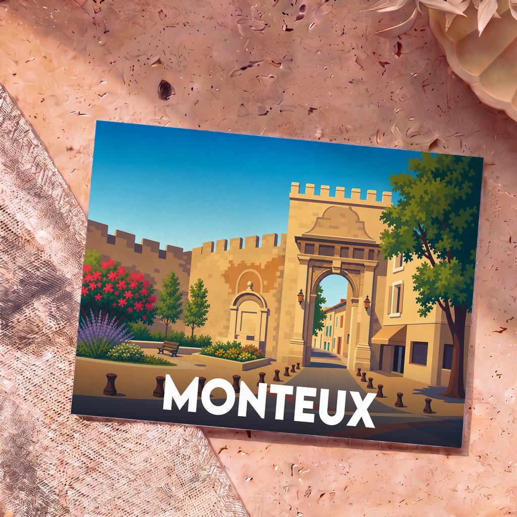 Carte postale souvenir de la ville de Monteux avec une illustration stylisée de ses remparts et de sa porte historique.