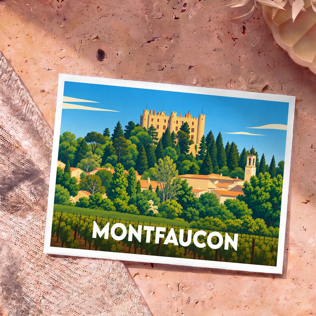 Carte postale souvenir de la ville de Montfaucon avec une illustration stylisée d'un château surplombant un village et des vignobles.