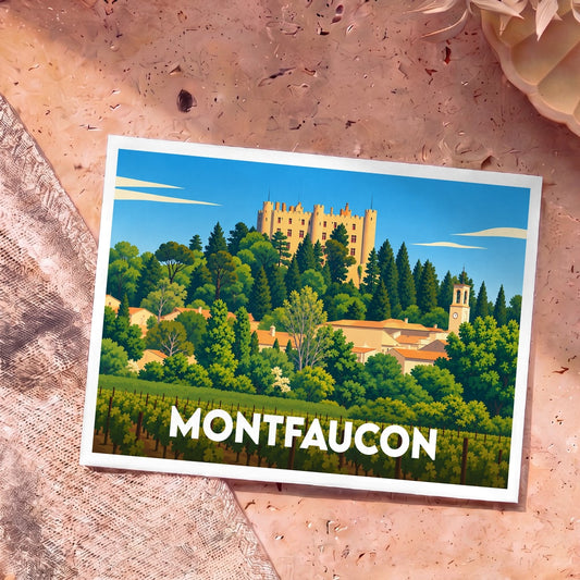 Carte postale souvenir de la ville de Montfaucon avec une illustration stylisée d'un château surplombant un village et des vignobles.