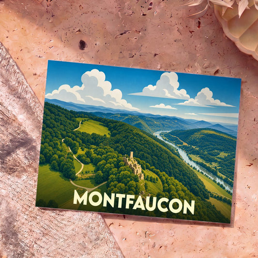 Carte postale souvenir de la ville de Montfaucon illustrant un paysage de collines verdoyantes et une rivière.