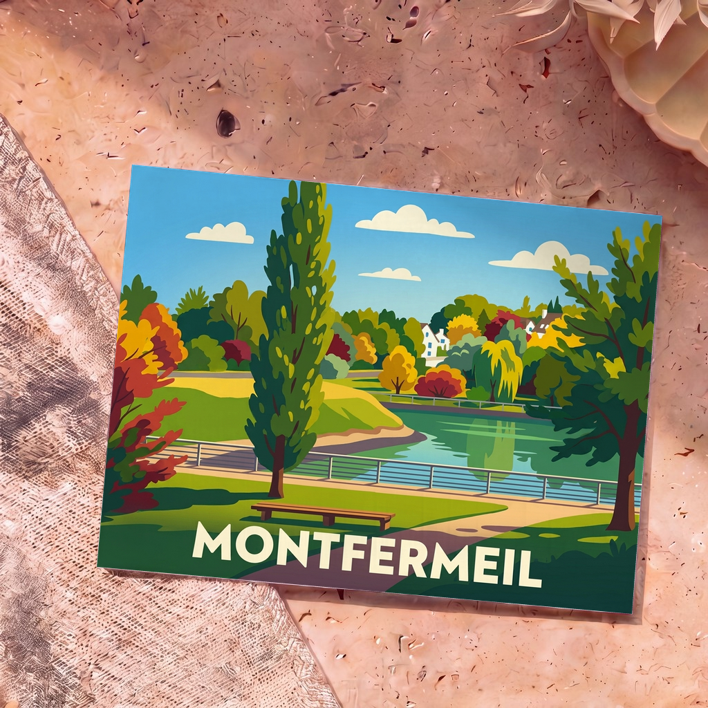Carte postale souvenir de la ville de Montfermeil avec une illustration stylisée d'un parc arboré au bord de l'eau.