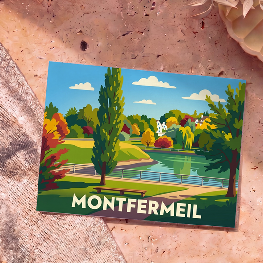 Carte postale souvenir de la ville de Montfermeil avec une illustration stylisée d'un parc arboré au bord de l'eau.