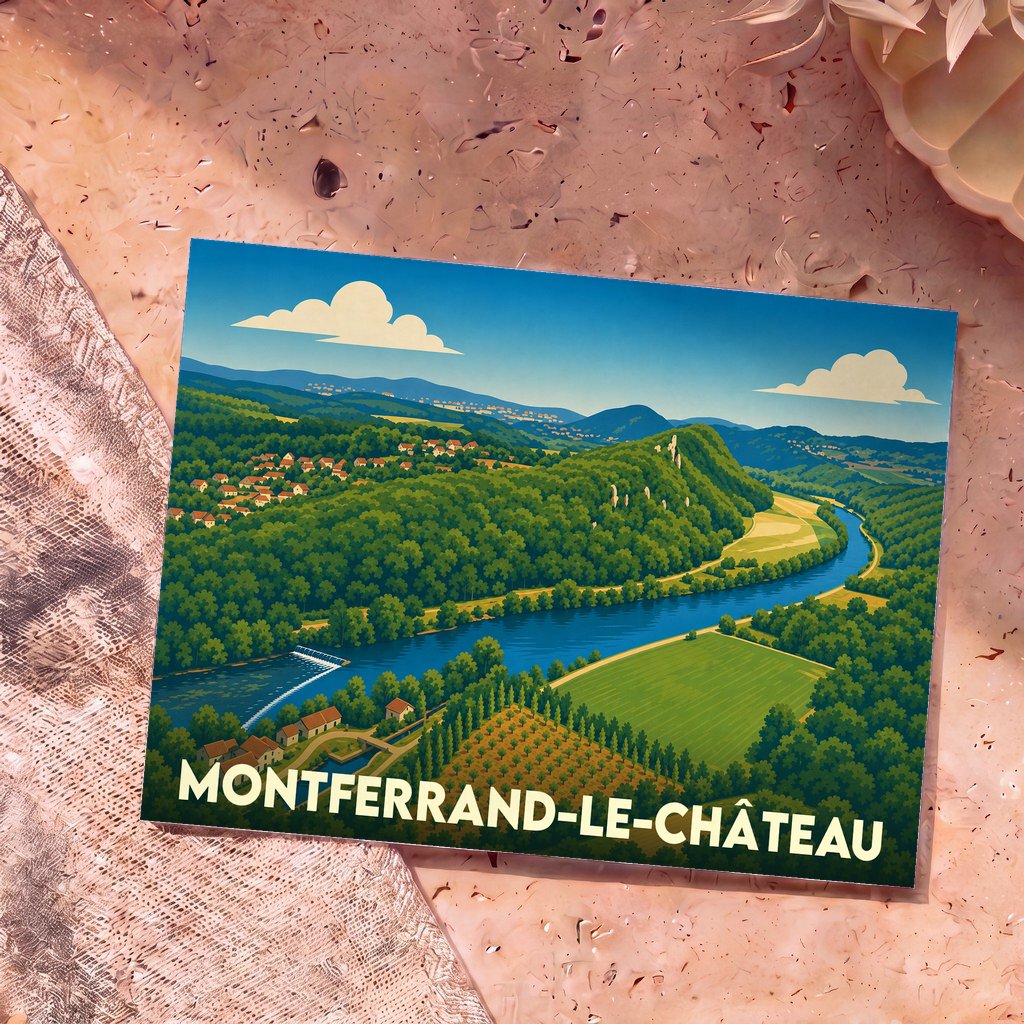 Carte postale souvenir de Montferrand-le-Château avec une illustration stylisée de la vallée du Doubs.