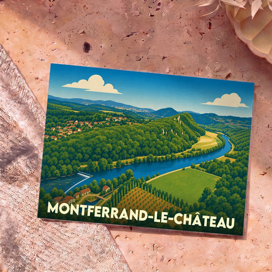 Carte postale souvenir de Montferrand-le-Château avec une illustration stylisée de la vallée du Doubs.
