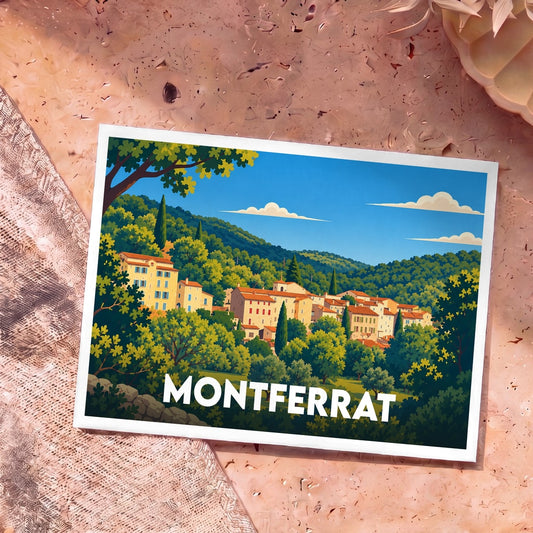 Carte postale souvenir de la ville de Montferrat avec une illustration stylisée d'un village provençal niché dans une colline verdoyante.