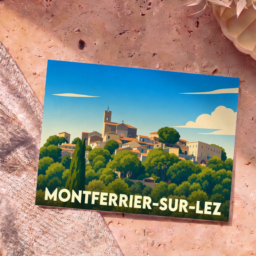 Carte postale souvenir de la ville de Montferrier-sur-Lez avec une illustration stylisée.