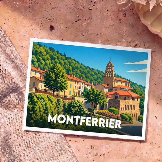 Carte postale souvenir de la ville de Montferrier avec une illustration stylisée d'un village perché.
