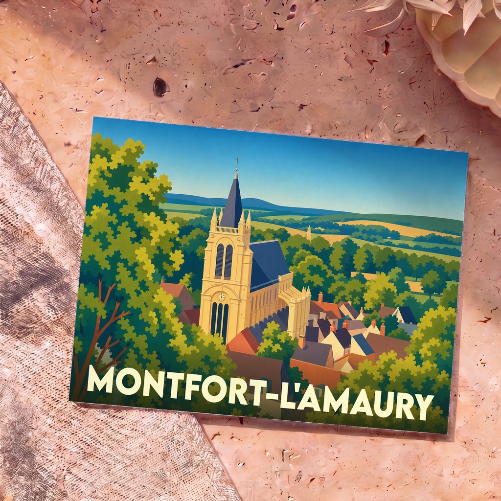 Carte postale souvenir de la ville de Montfort-l'Amaury avec une illustration stylisée de son église et de ses paysages verdoyants.
