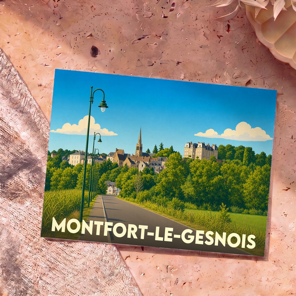 Carte postale souvenir de la ville de Montfort-le-Gesnois avec une illustration stylisée.