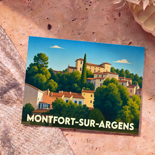 Carte postale souvenir de la ville de Montfort-sur-Argens avec une illustration stylisée de ses maisons provençales nichées dans la verdure.