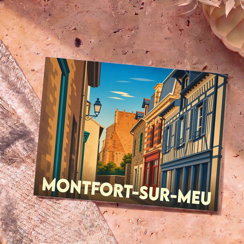 Carte postale souvenir de la ville de Montfort-sur-Meu avec une illustration stylisée d'une ruelle historique.