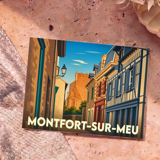 Carte postale souvenir de la ville de Montfort-sur-Meu avec une illustration stylisée d'une ruelle historique.
