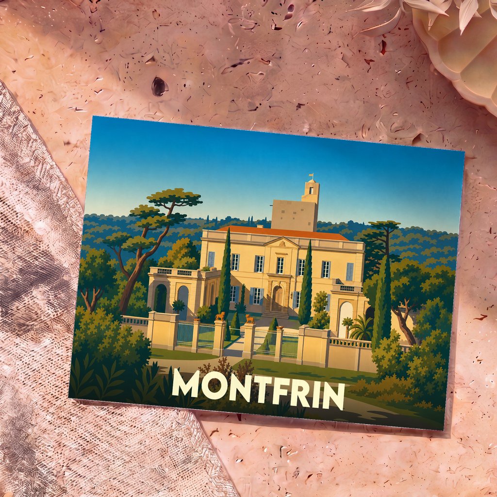 Carte postale souvenir de la ville de Montfrin avec une illustration stylisée de son château.
