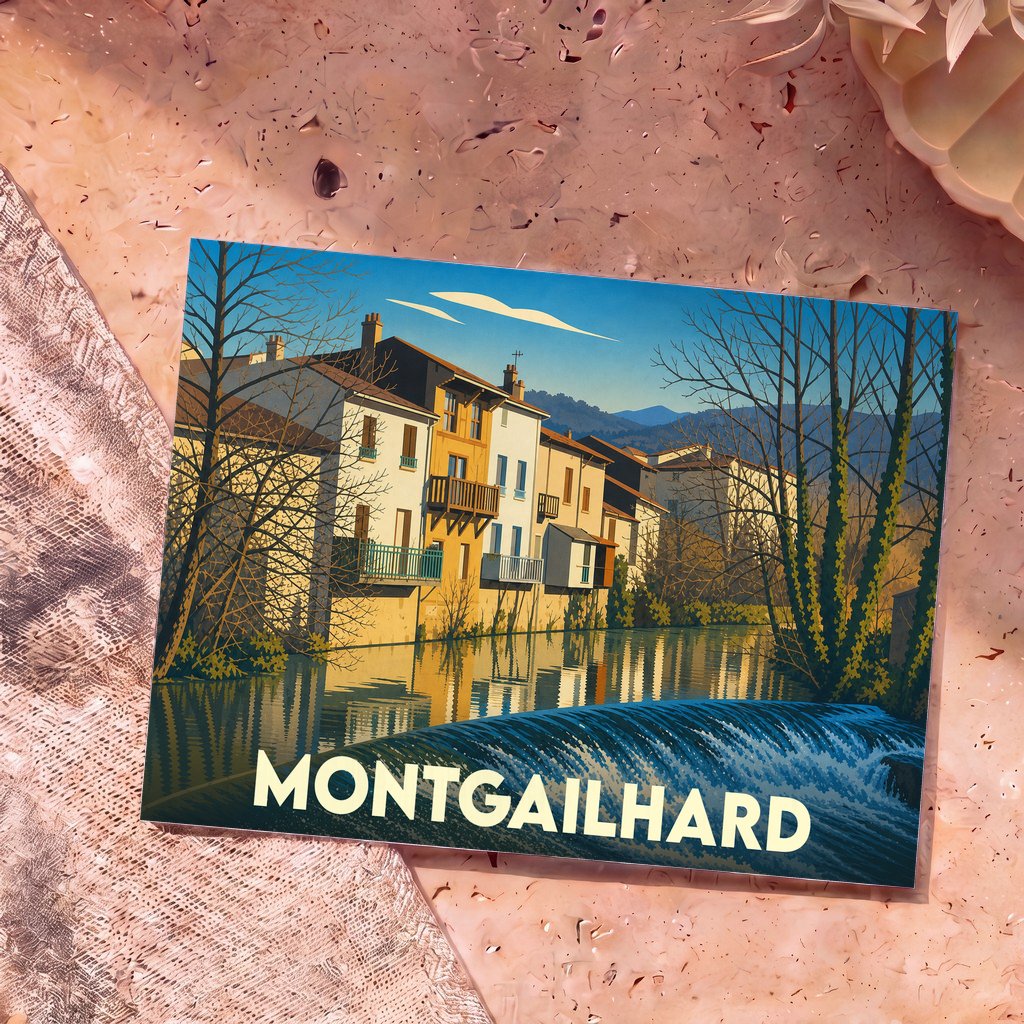 Carte postale souvenir de la ville de Montgailhard avec une illustration stylisée de maisons au bord de l'eau.