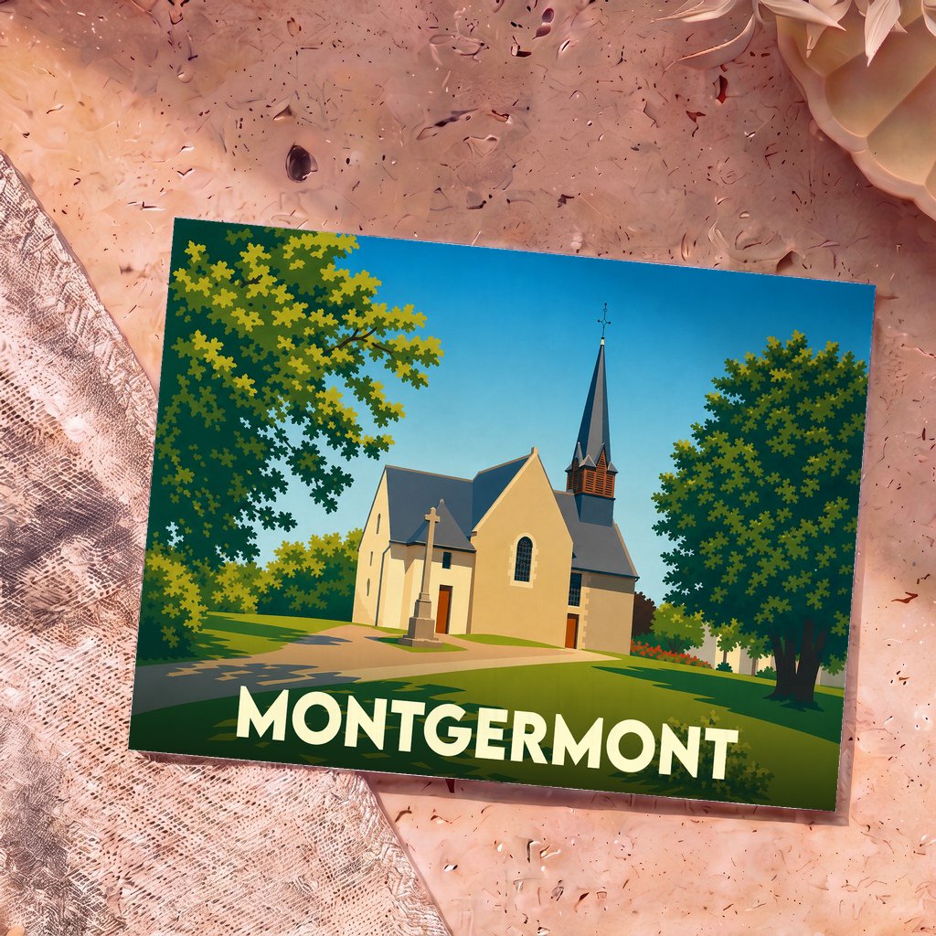 Carte postale souvenir de la ville de Montgermont avec une illustration stylisée de son église.