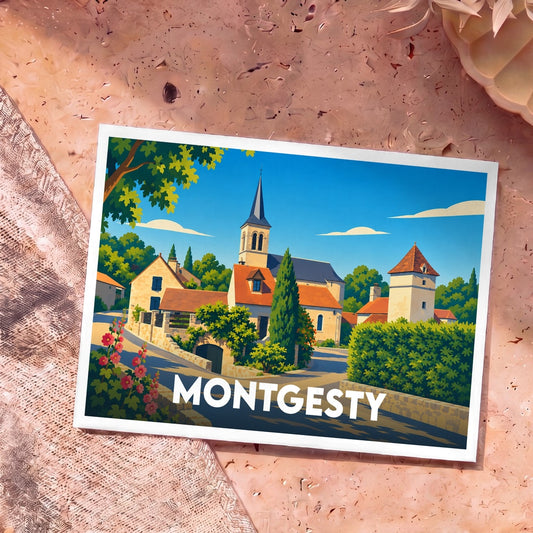Carte postale souvenir de la ville de Montgesty illustrant un paysage de village pittoresque avec son église.