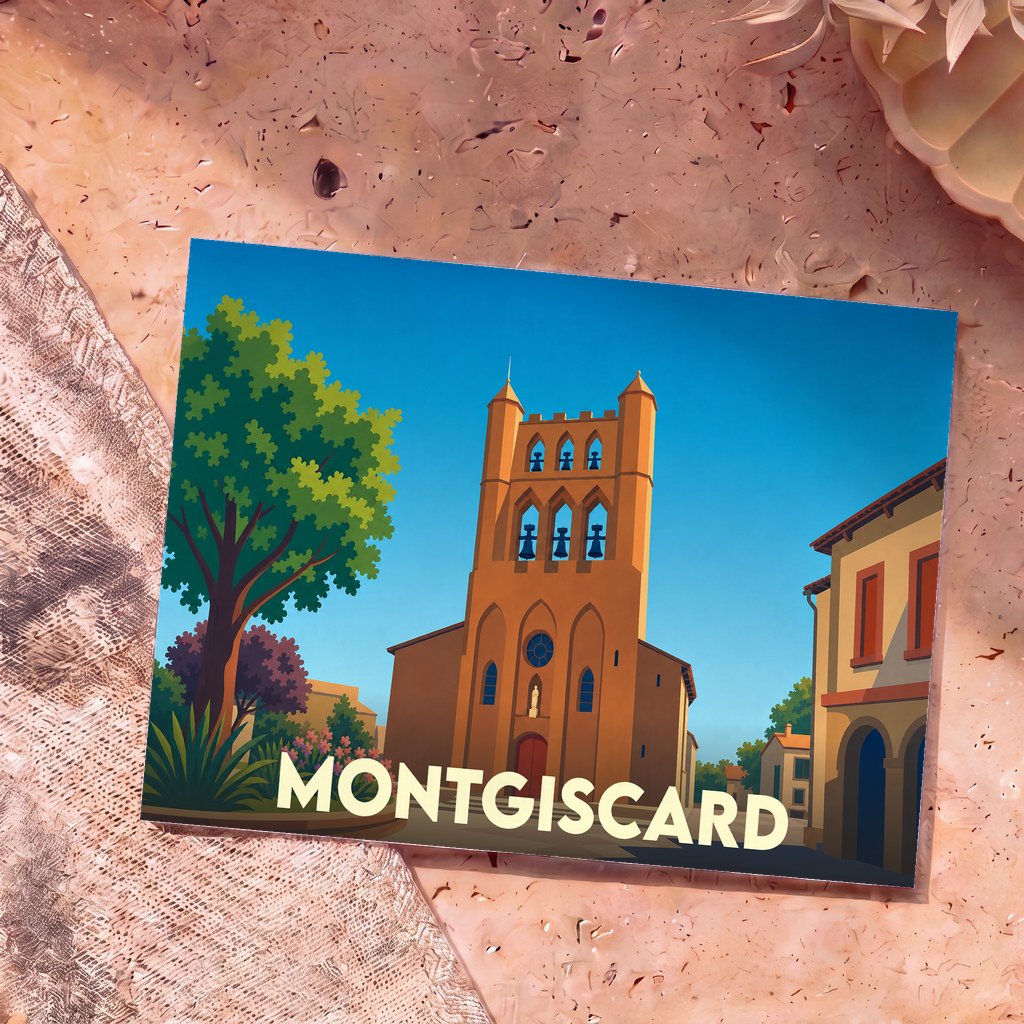 Carte postale souvenir de la ville de Montgiscard avec une illustration stylisée de son église à clocher-mur.